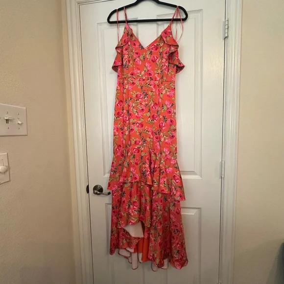 Anthropologie - Keepsake the Label - For Me Orange Floral Ruffle Trim Satin Gown - Picture 2 of 9